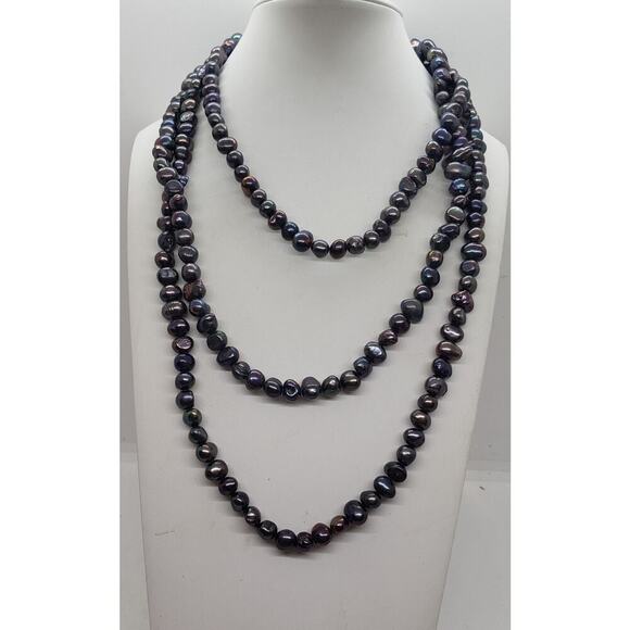 Black Freshwater Pearl Necklace 62 Inches Long Baroque Iridescent Peacock - Picture 1 of 10